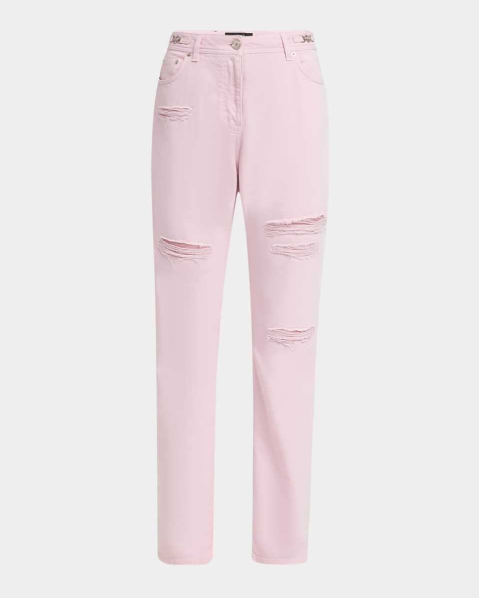 Chainmail Inset Distressed Pastel Denim Straight-Leg Pants